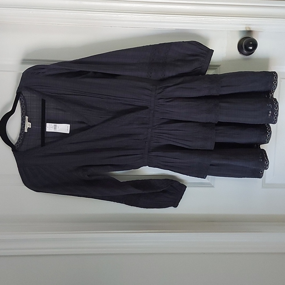 AEO medium navy long sleeve v-neck tiered embroidered dress. NWT